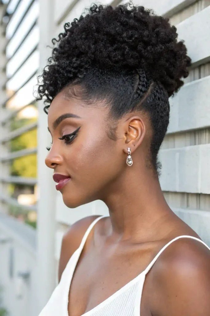 Woman with pineapple updo curly hair