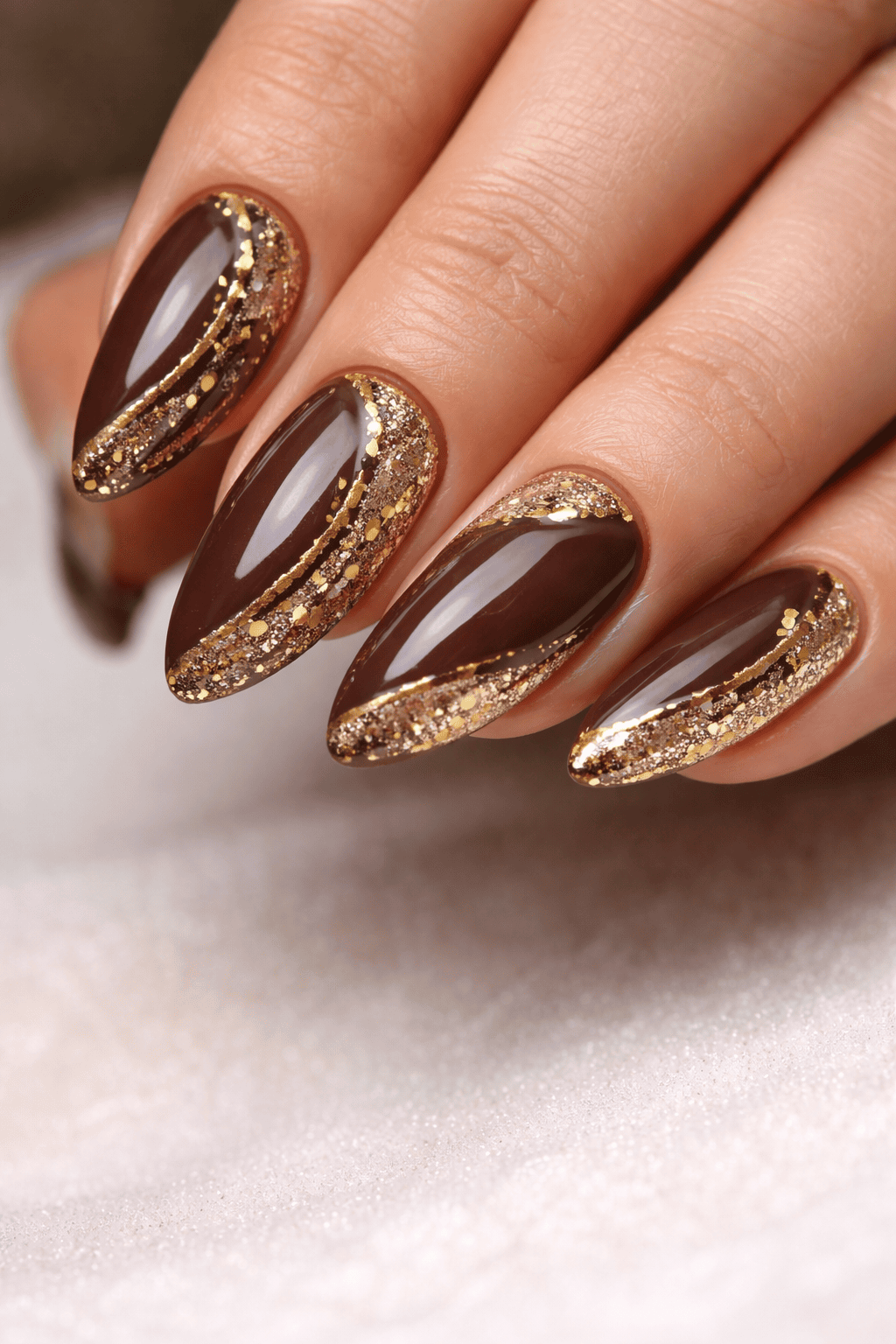 Mocha brown nails with gold chrome metallic finish