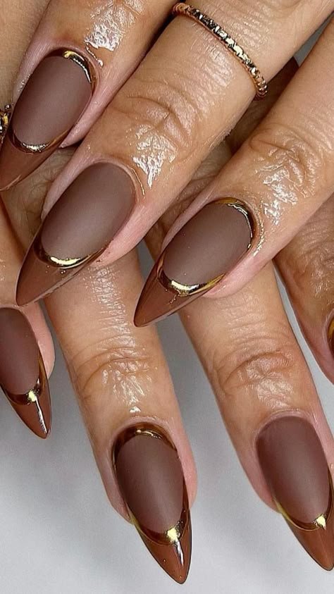 Matte chocolate brown nails with glossy gold French tips