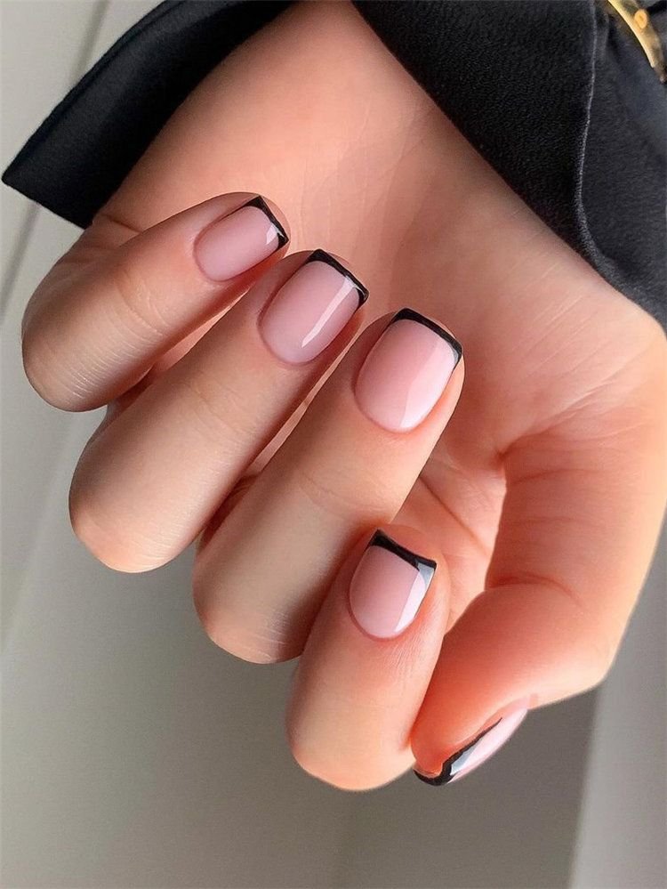 Matte black micro French tip nails on sheer nude base