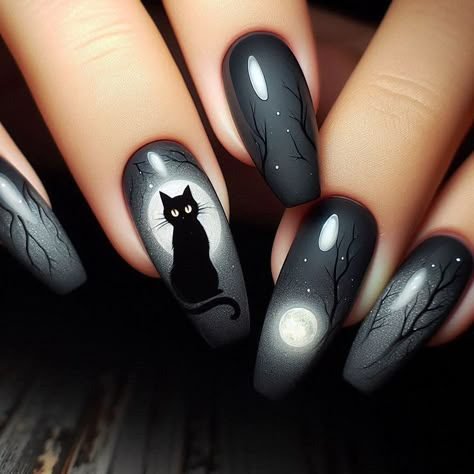 Nude nails with small black cat silhouette accent nail