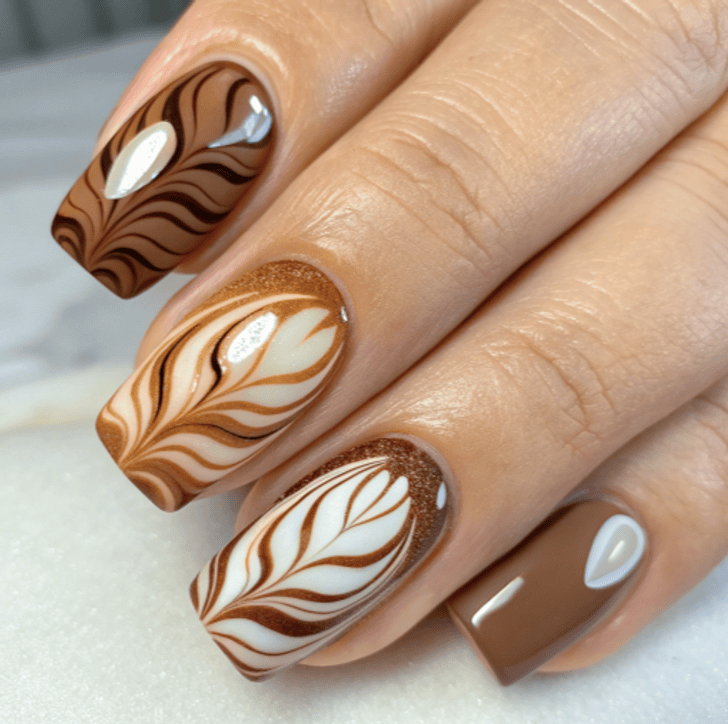Latte beige nails with brown and gold swirl latte art