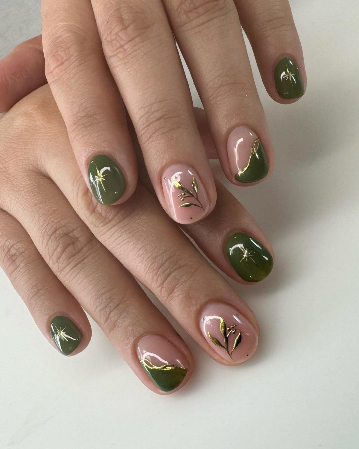 Classic solid olive green cream nail design