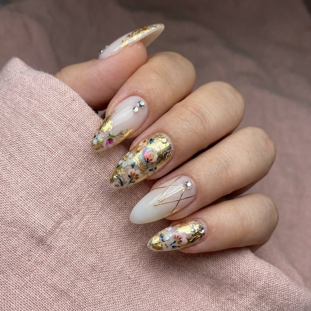 Navy blue nails with gold foil stars