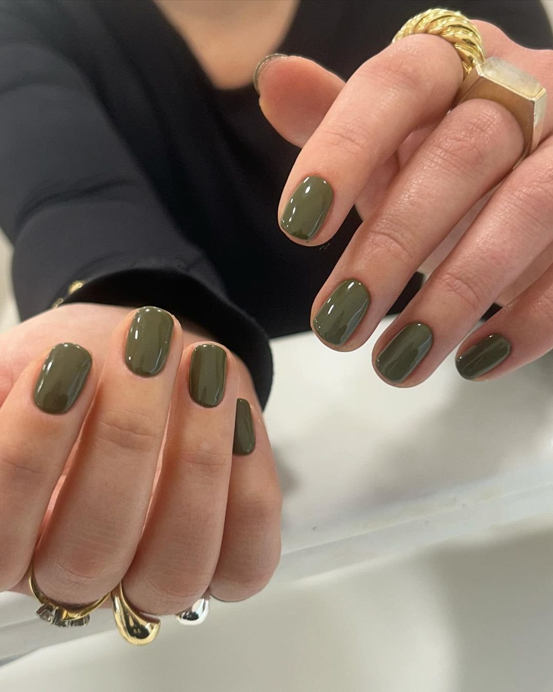 Olive and beige color block nails