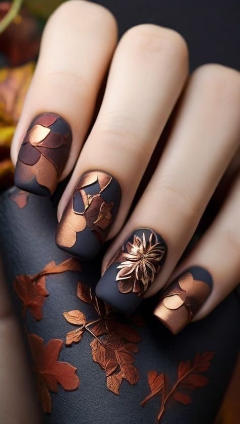Deep teal nails with copper and gold foil