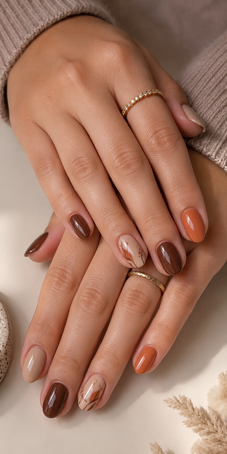 Mocha and pumpkin color block nails