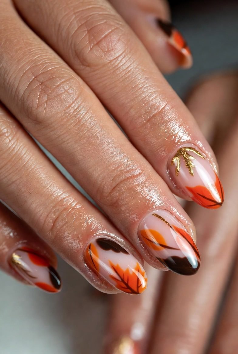 Cream nails with gold foil leaf art