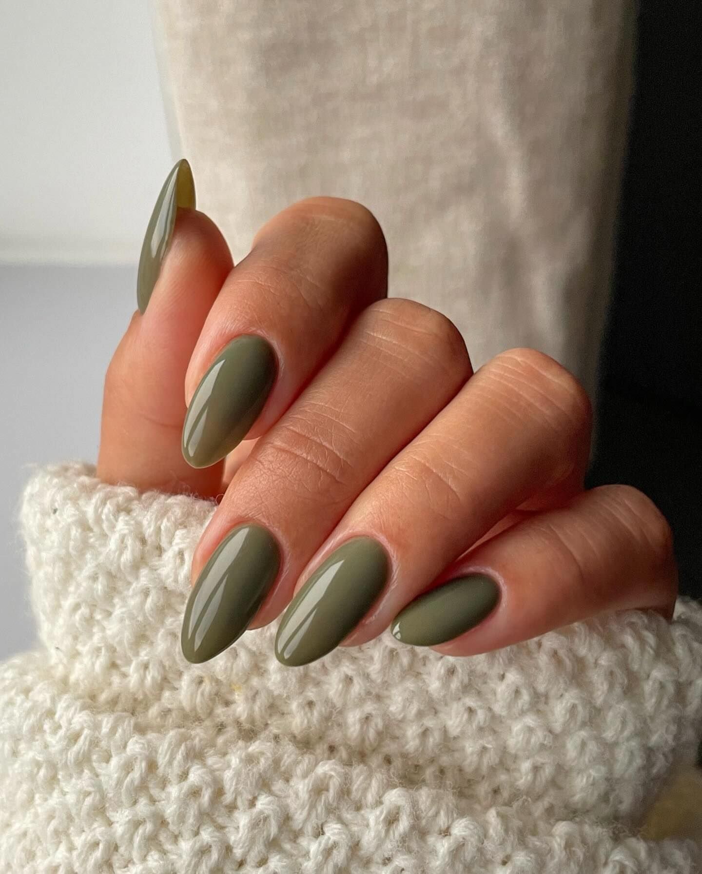 Olive green micro French tip nails