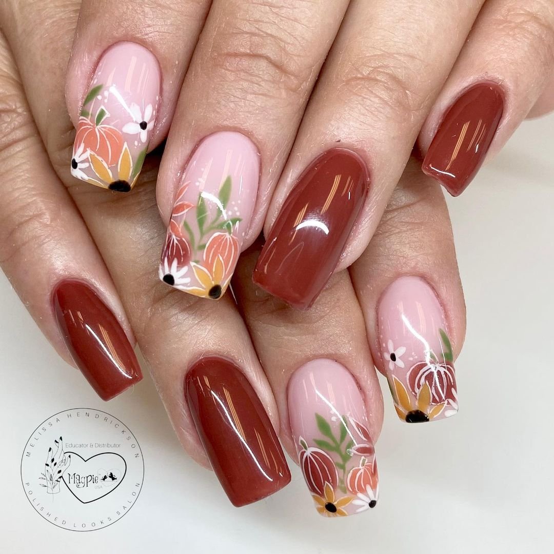 Caramel drizzle nail accents on latte base