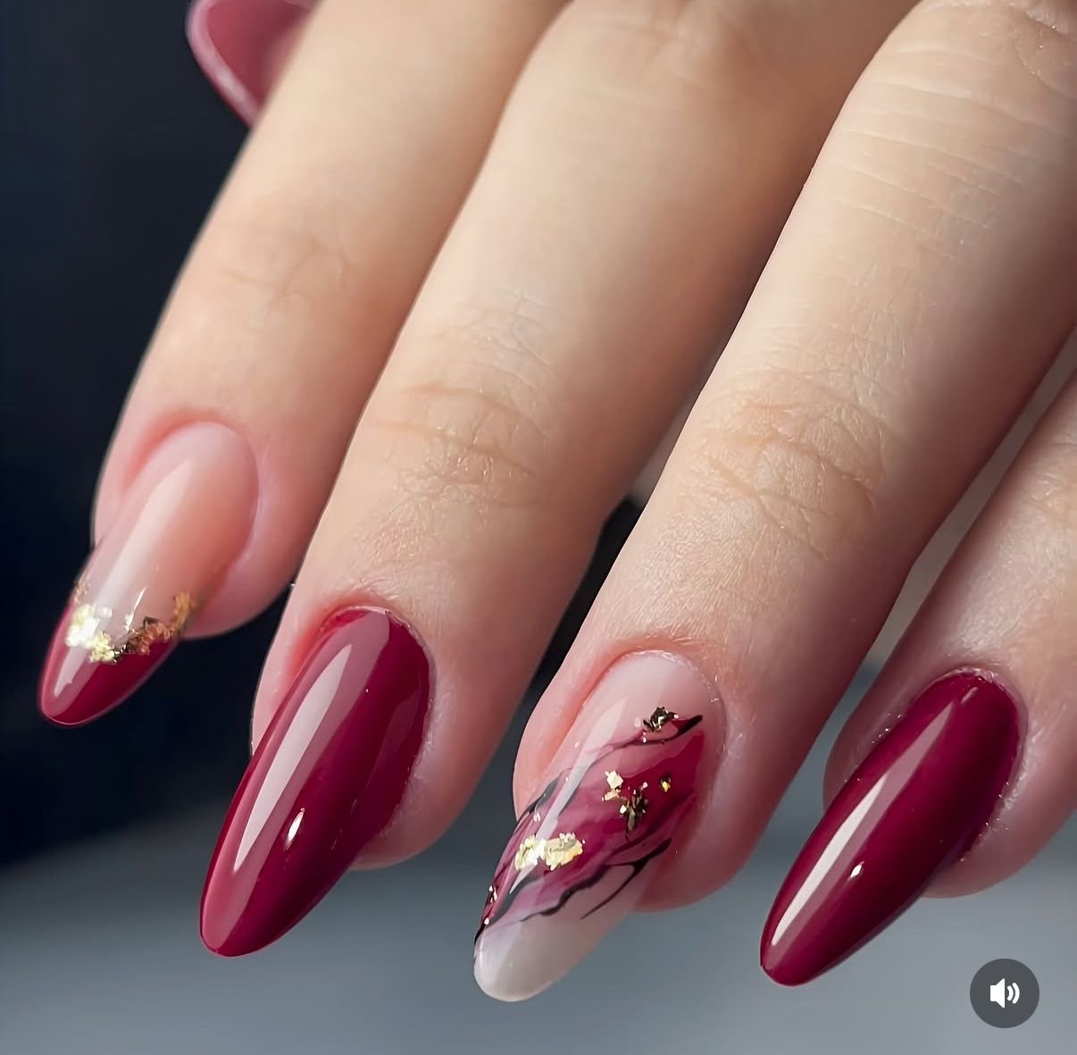 Chocolate brown nails with gold foil veins