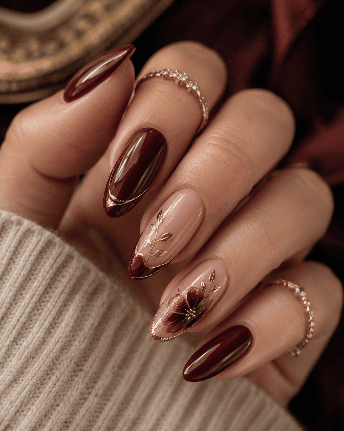 Olive green nails with gold foil specks