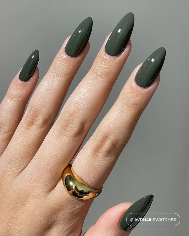 Olive green nails with tortoiseshell accent nail