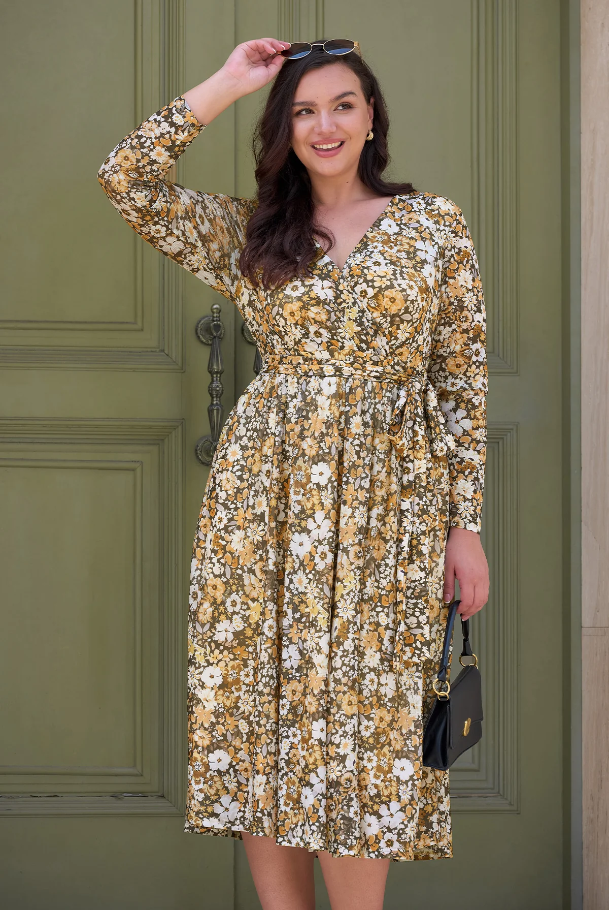 Plus size plaid blazer over black dress date night