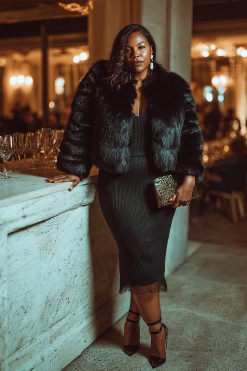 Plus size maxi dress with leather jacket date night