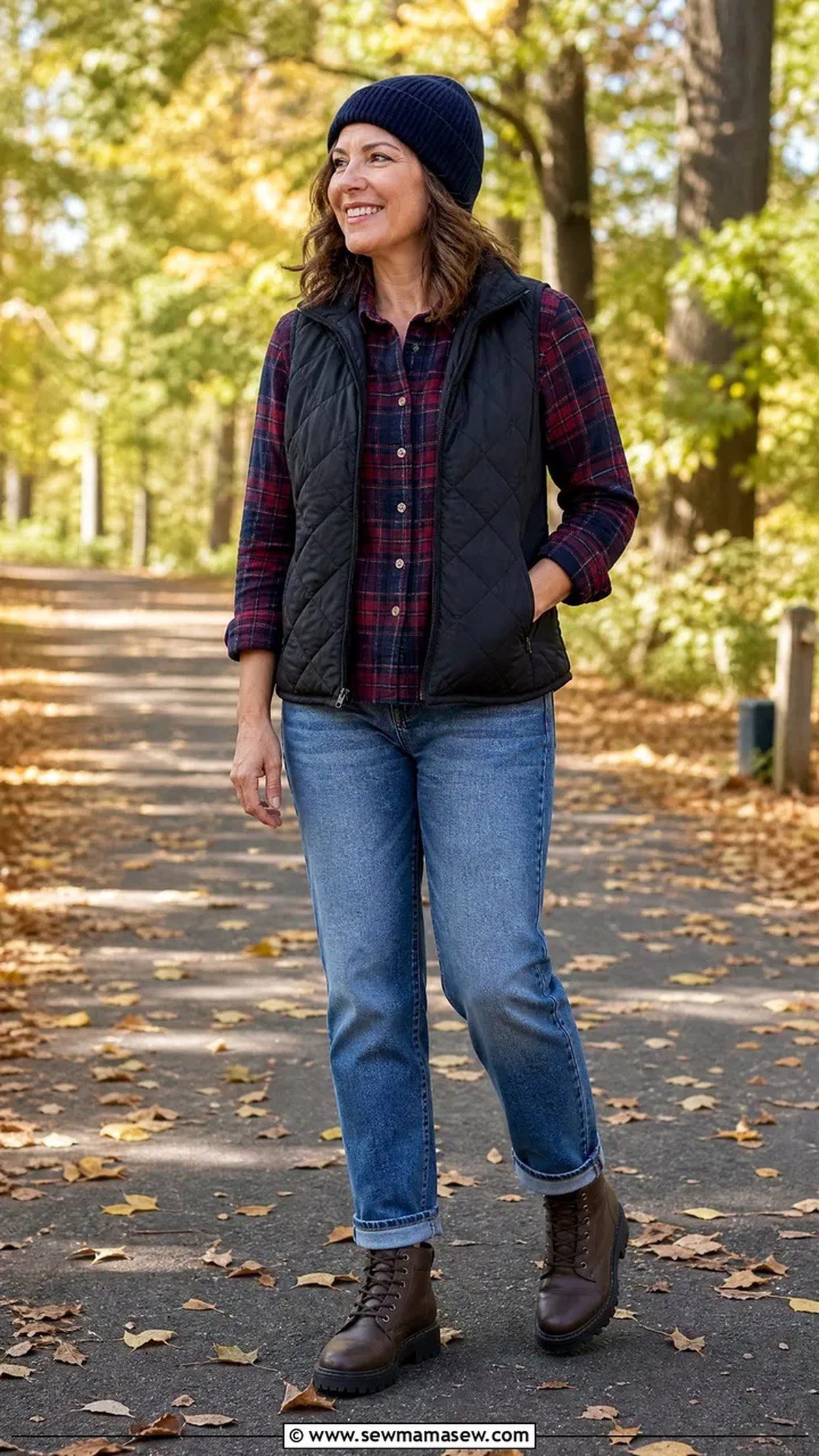 Quilted jacket plaid shirt jeans boots countryside woman