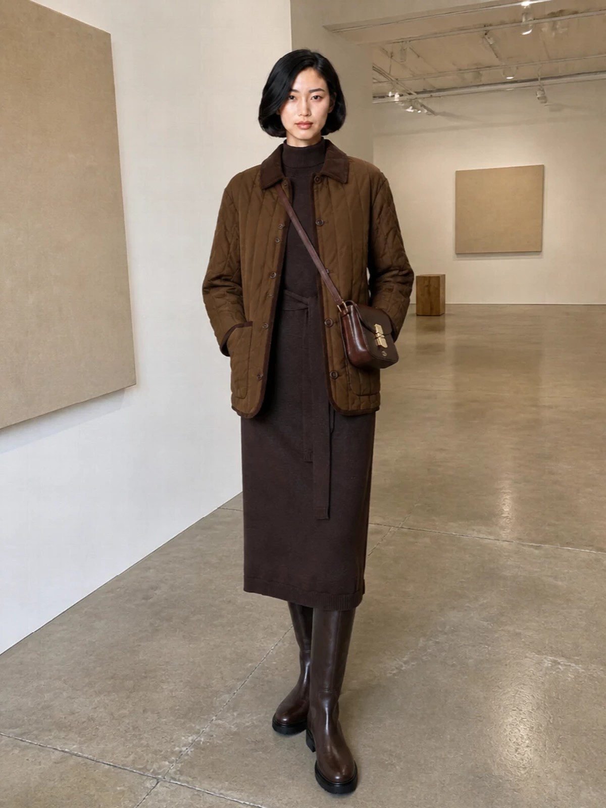Quilted jacket knit dress knee boots outfit