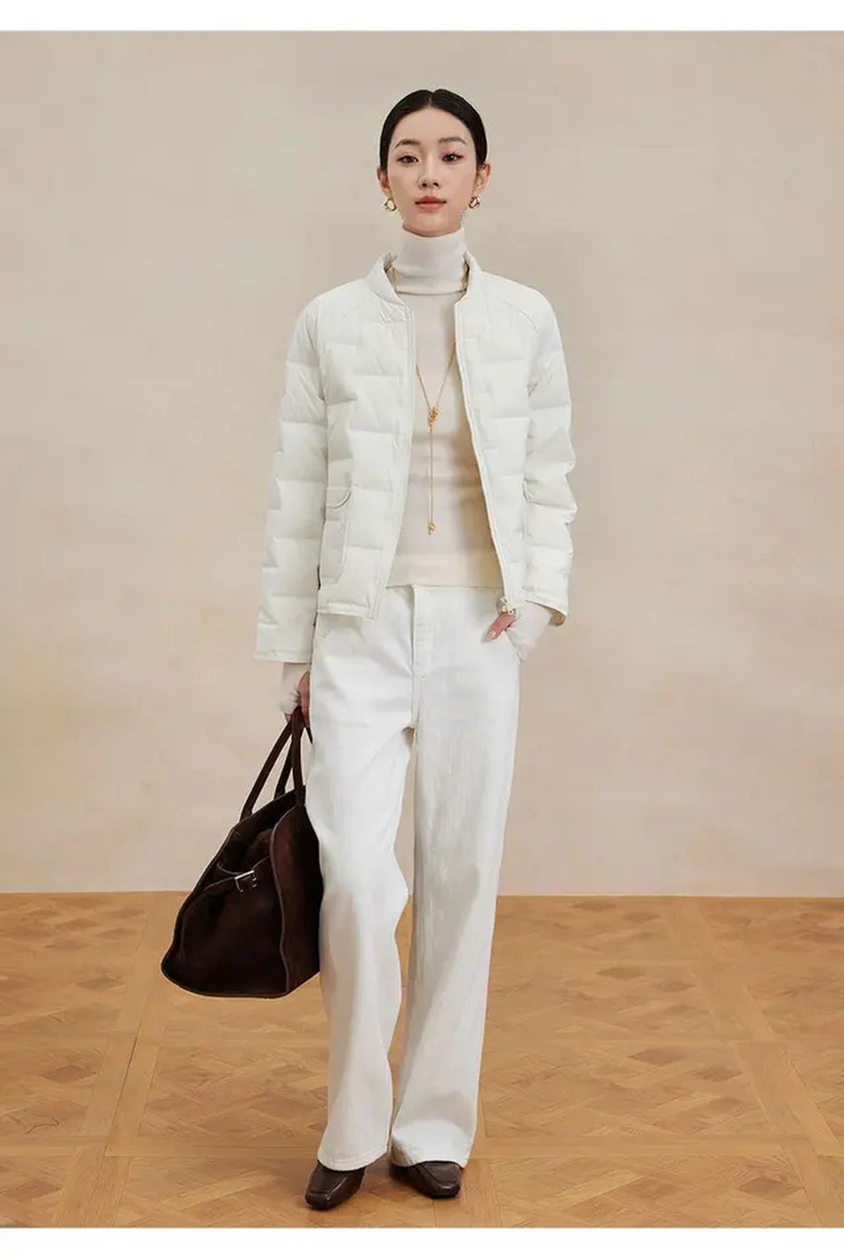 Quilted jacket turtleneck wide leg trousers outfit