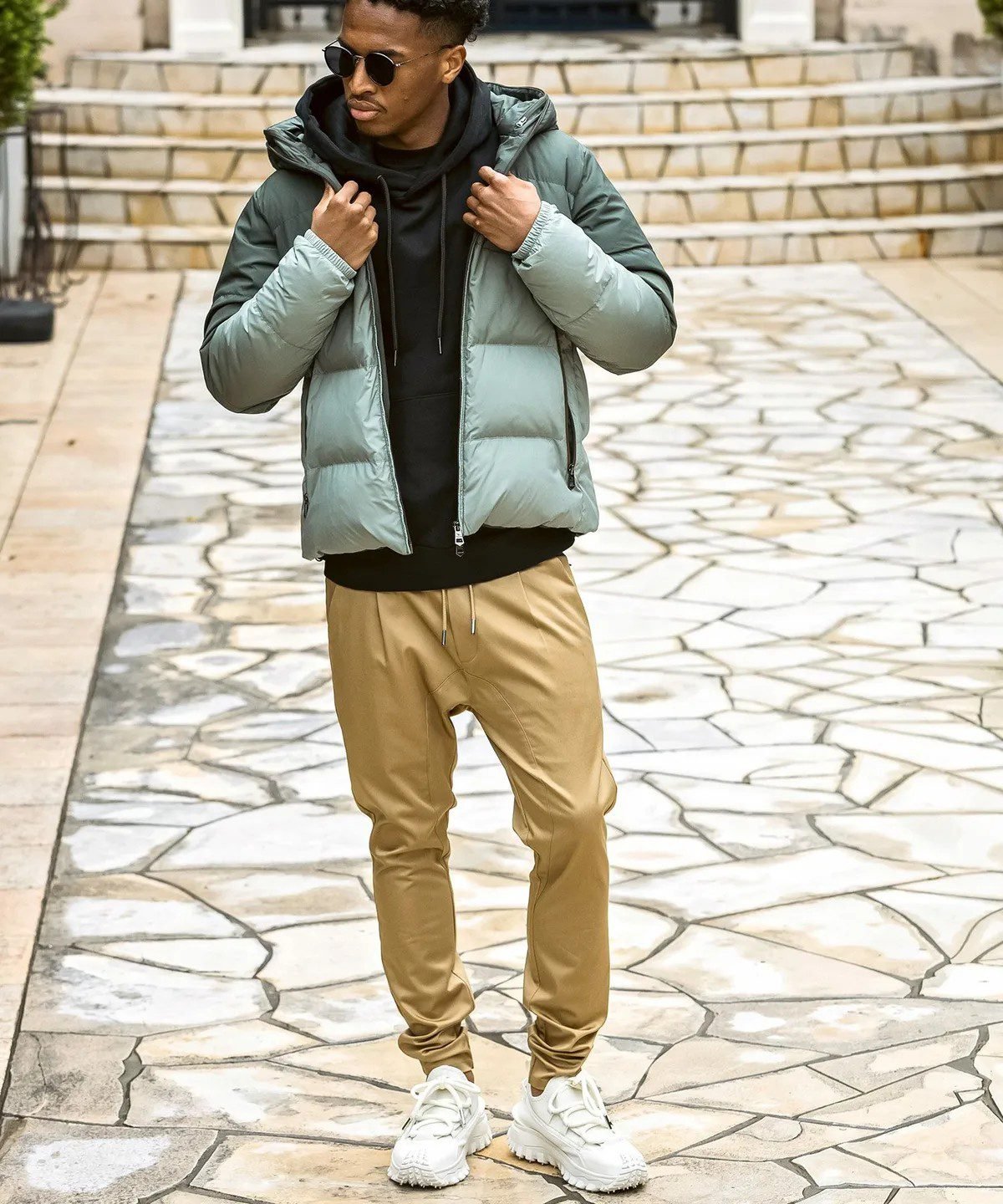 Quilted jacket hoodie sneakers streetwear outfit