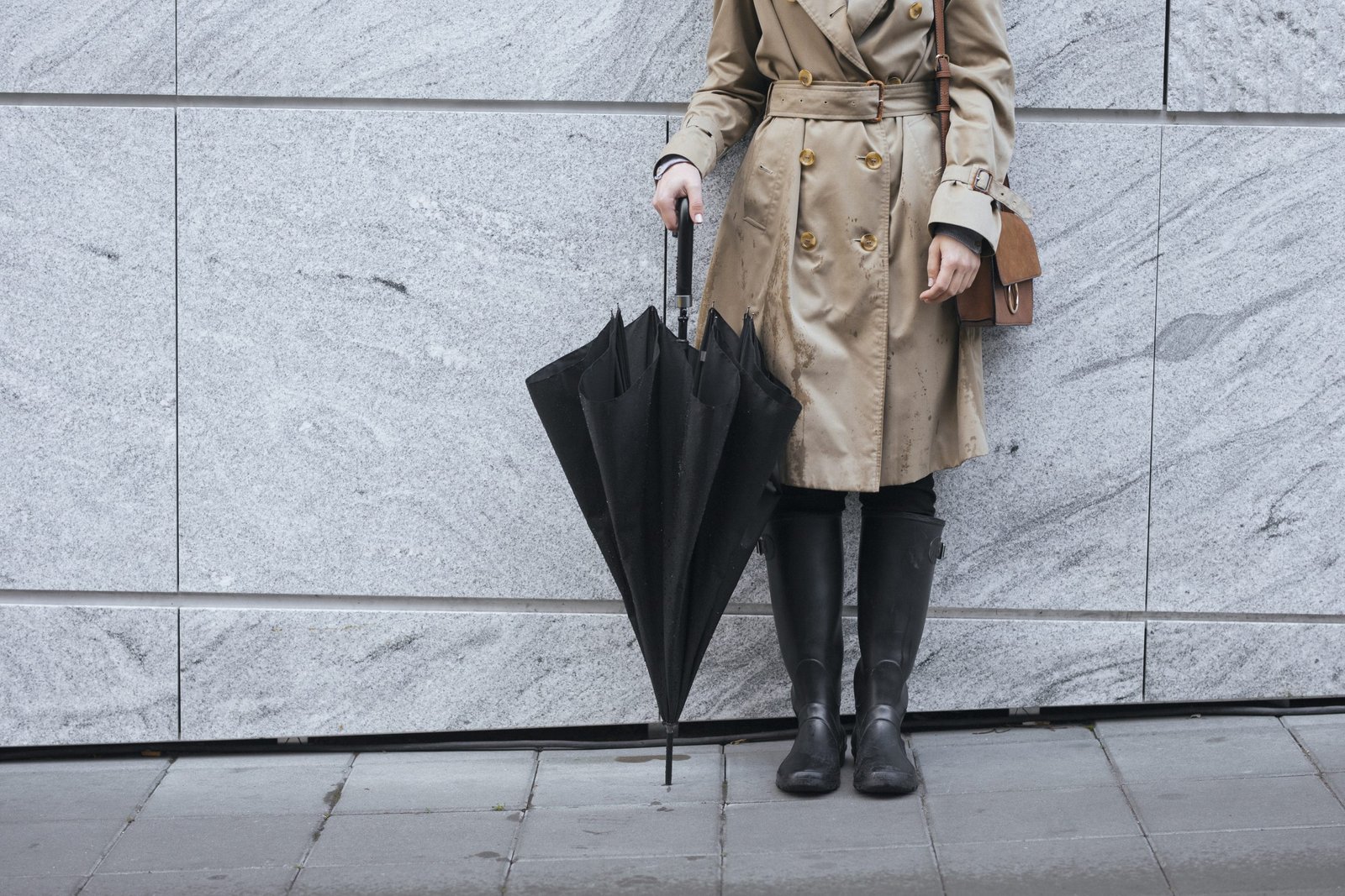 Trench coat with rain boots, a classic rainy day fall outfit