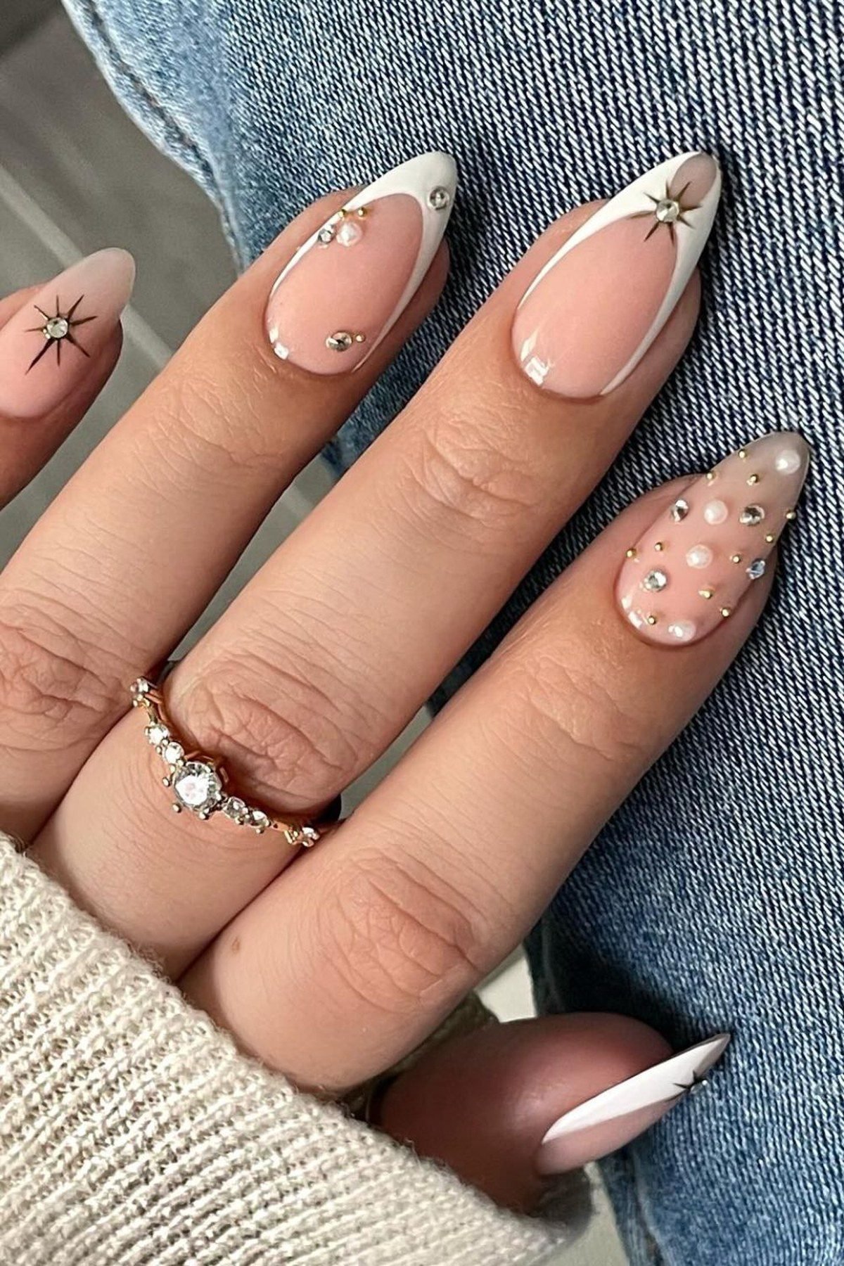 Rose gold tip nails on short nude base