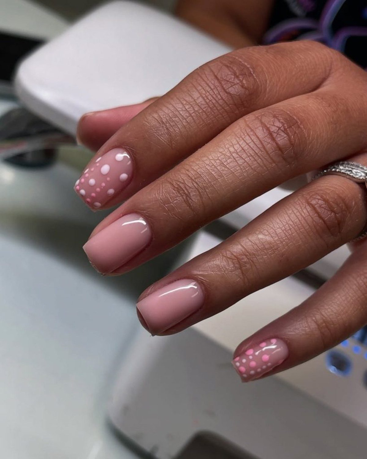 Nude short nails with glitter fade tips