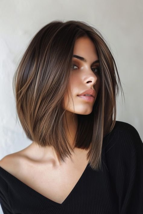12. Glossy One-Length Brunette Bob