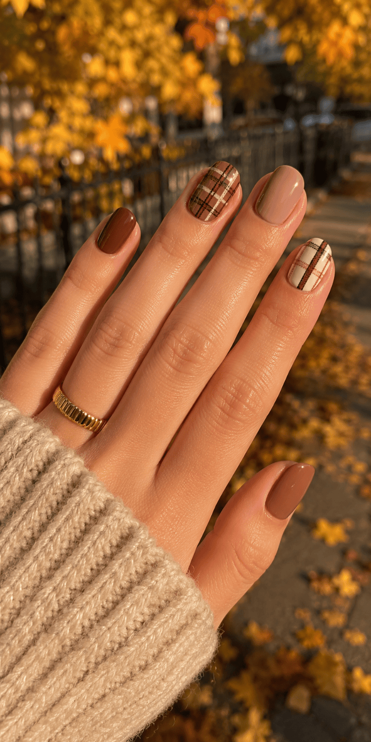 Brown plaid nail art with thin gold line details