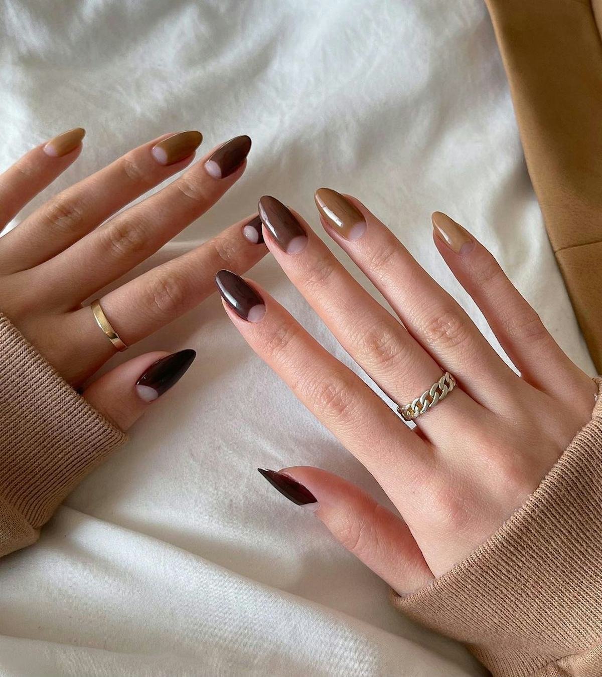 Walnut brown nails with antique gold half moon accents