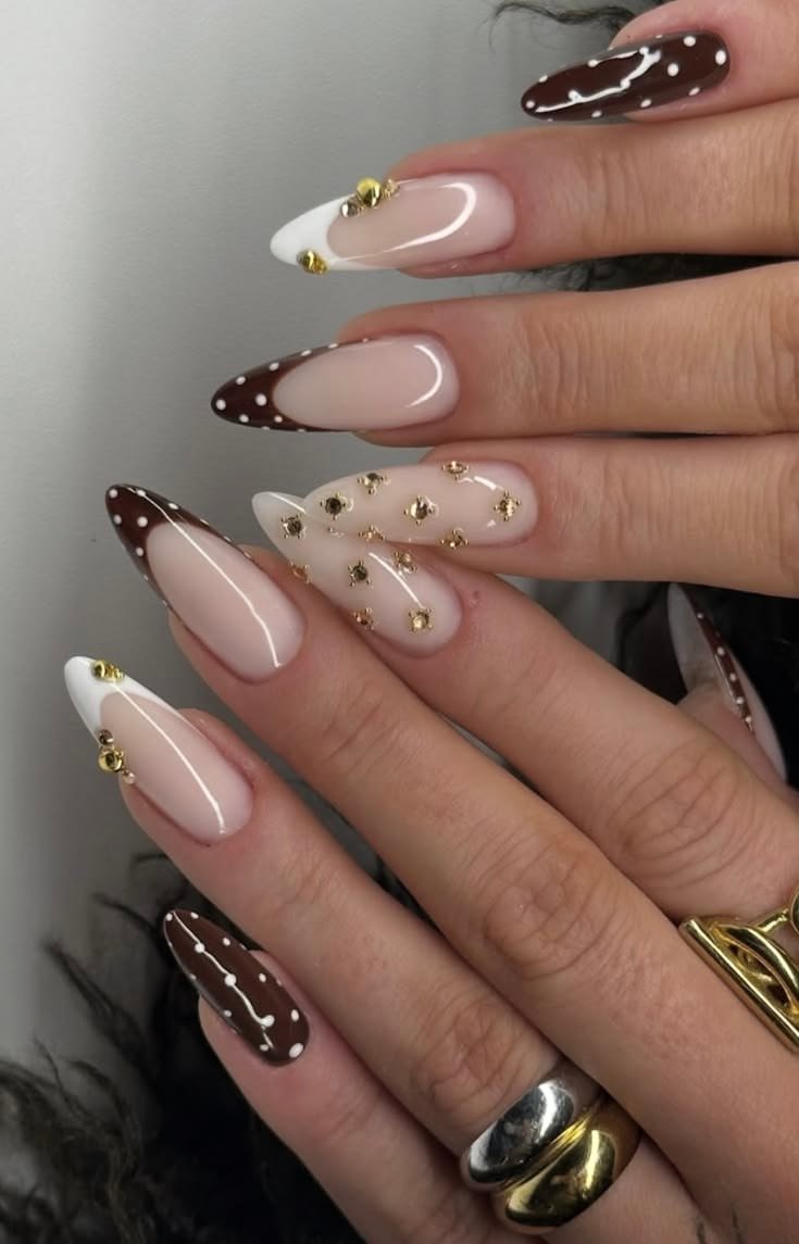 Espresso brown nails with small gold dot accents