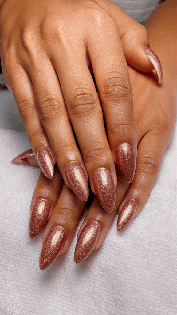 Rose gold glitter nail polish full coverage manicure