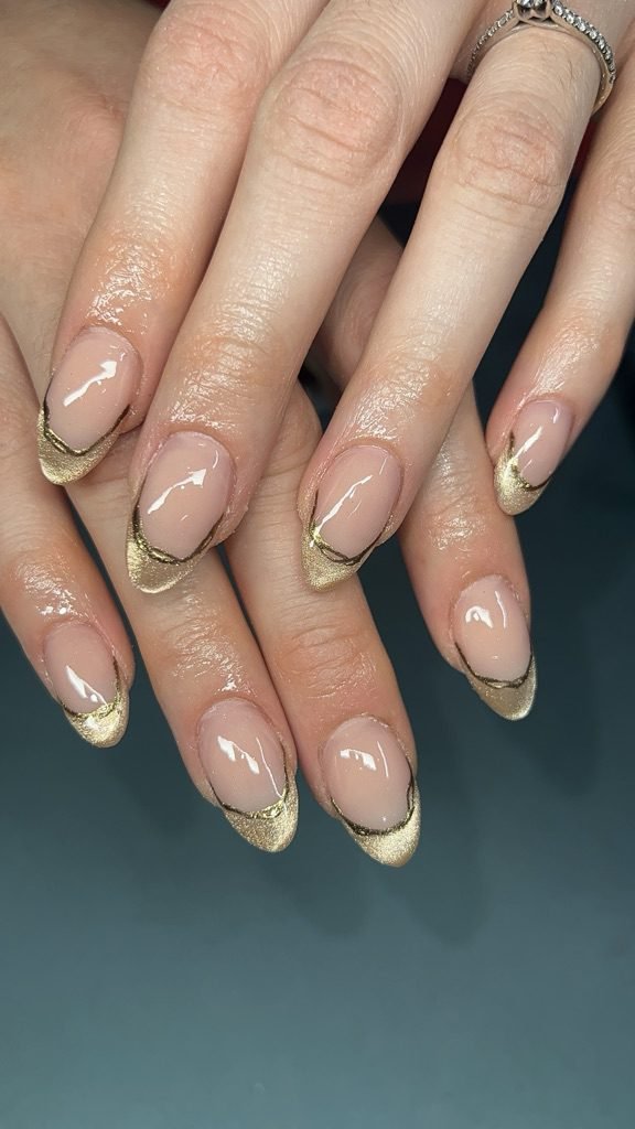 Nude nails with metallic gold French tips