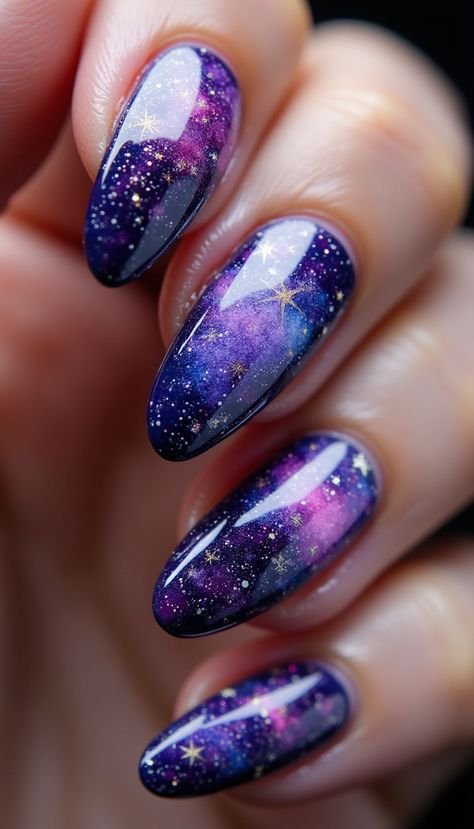 Deep purple galaxy nebula nails with iridescent stars