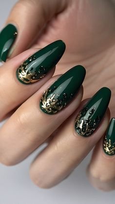 Dark green black nails with gold leaf constellation art