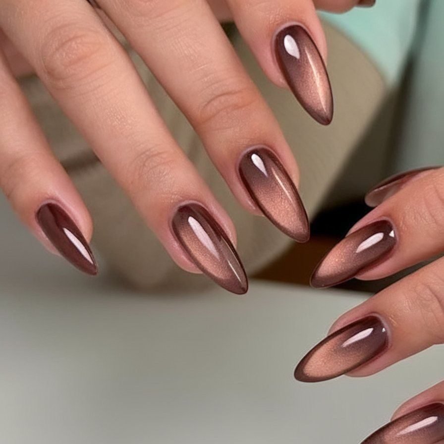 Mahogany red brown magnetic cat eye nails