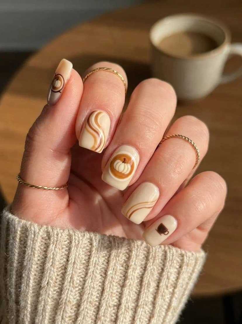 Pumpkin spice latte swirl nails in beige caramel brown