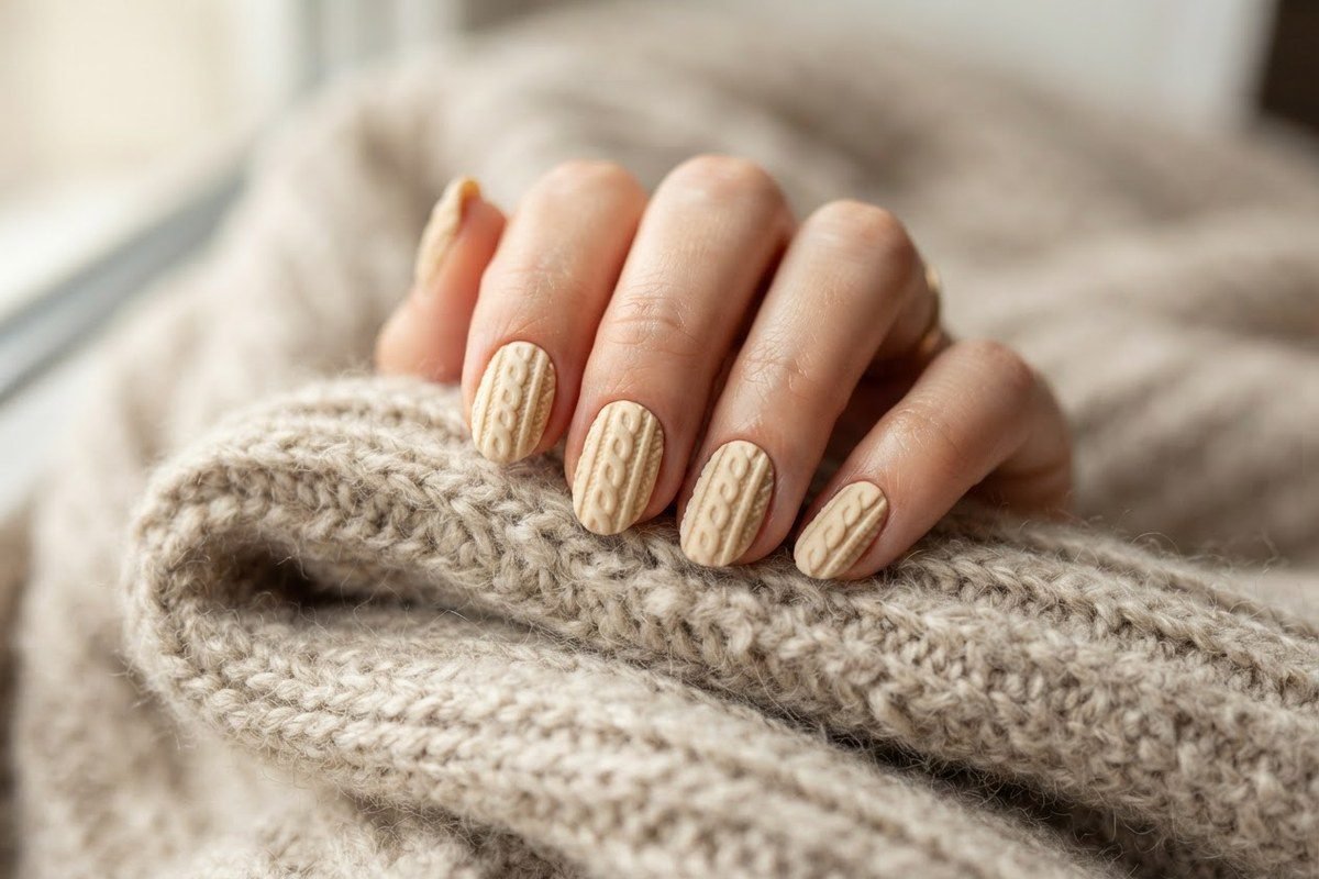 Cream cable knit sweater texture nail art