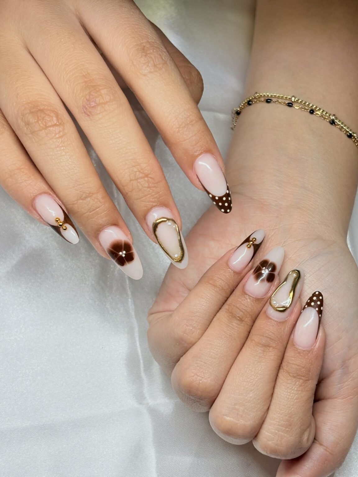 Acorn brown nails with tiny gold dot accents