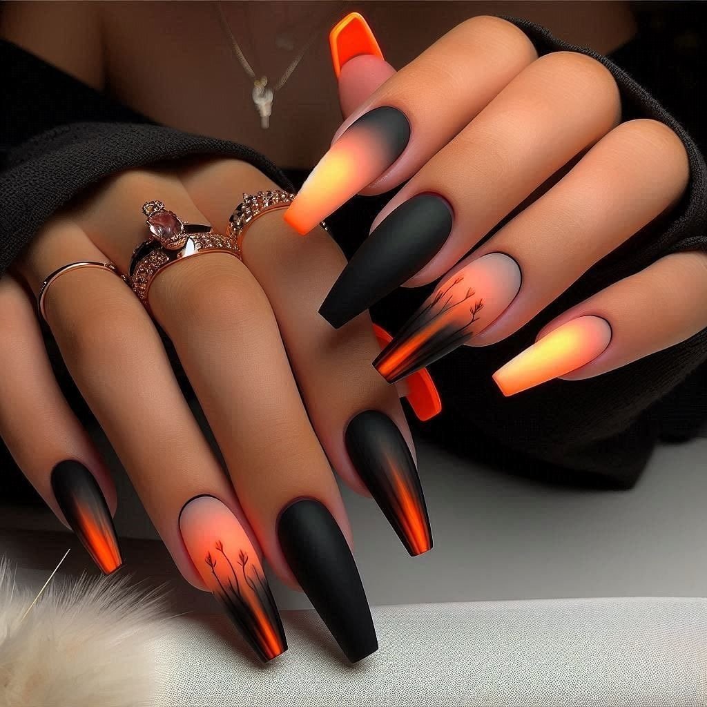 Bonfire smoke ombre nails amber to charcoal