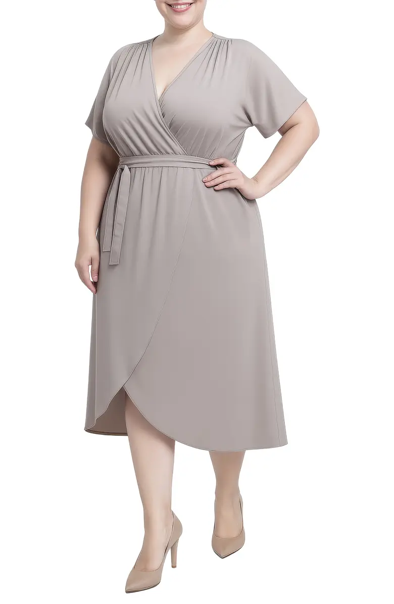 Curvy woman in a faux-wrap midi dress for fall
