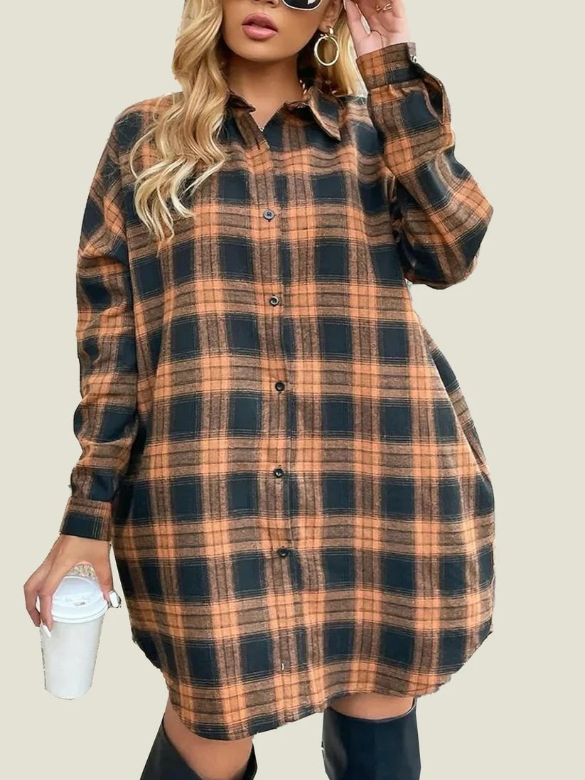 Plus size woman wearing a plaid flannel shirt dress