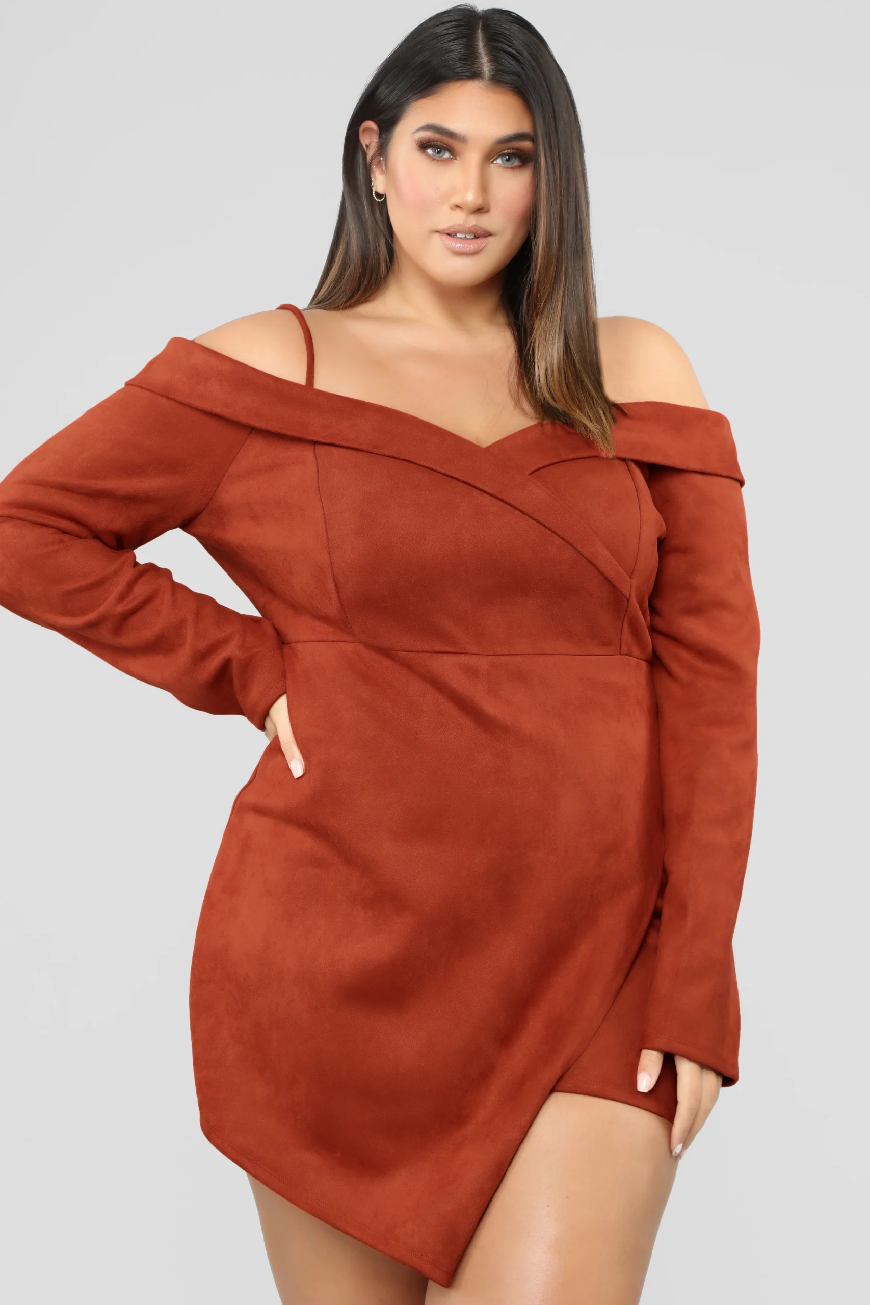 Plus size woman wearing a faux-suede skater dress