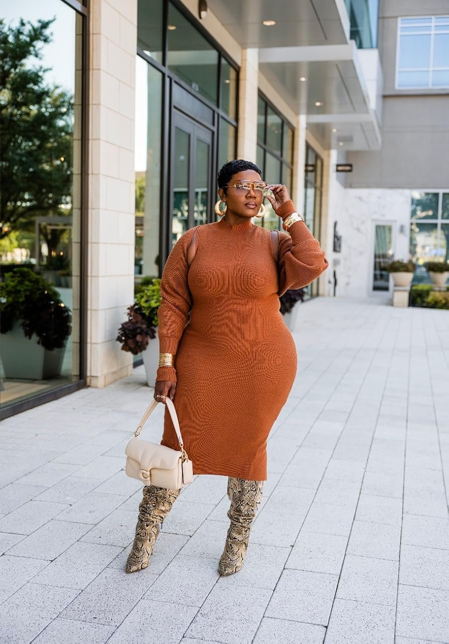 Curvy woman styling a knit midi dress with knee-high boots