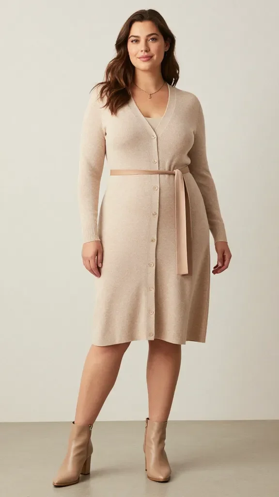 Plus size woman in a button-front cardigan dress