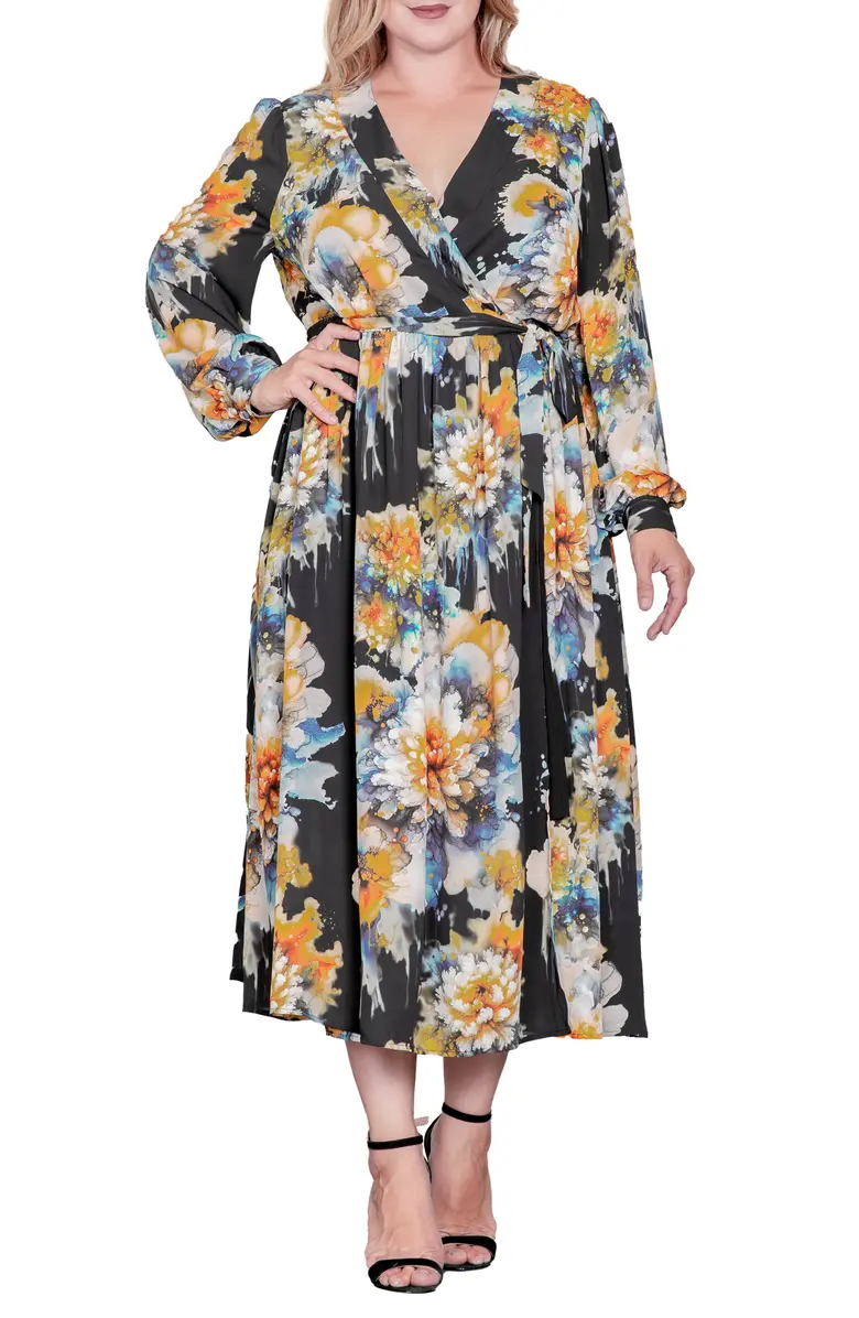 Plus size woman in a long-sleeve floral wrap dress