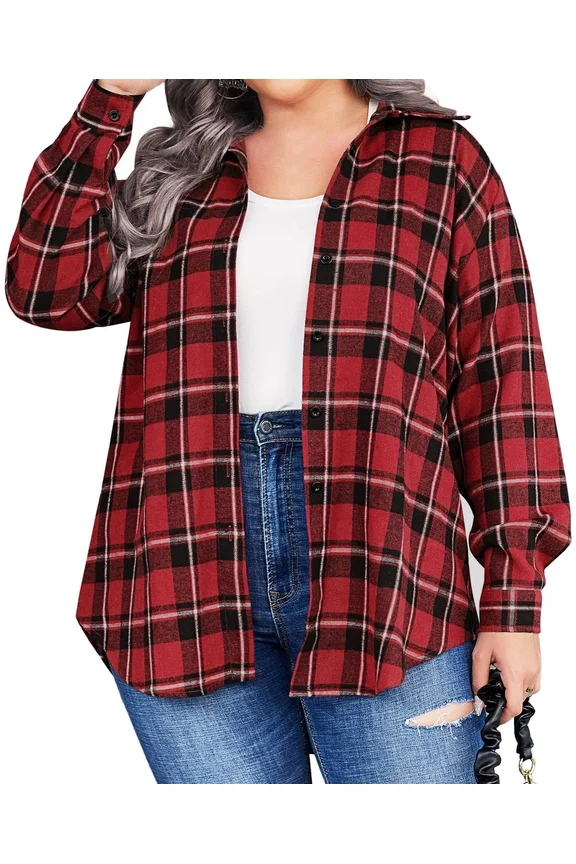 Plus size woman in distressed boyfriend jeans and a flannel shirt