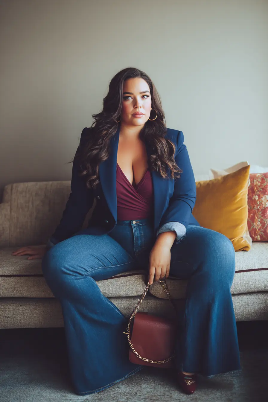Plus size woman wearing flare jeans with a fitted blazer