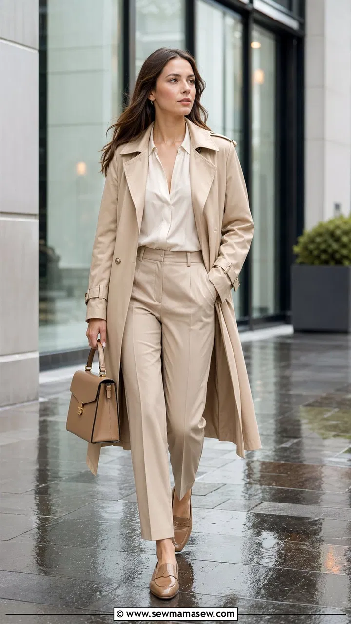 Woman wearing a trench coat over tailored trousers for a rainy workday