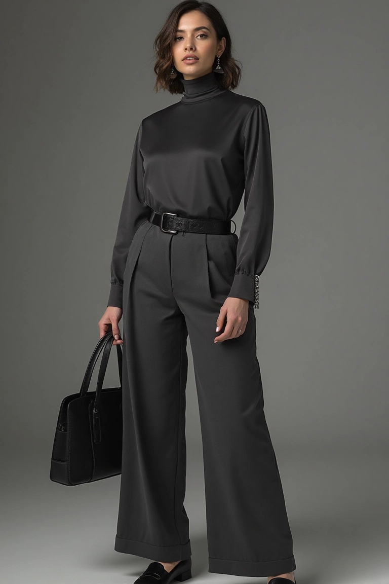 Woman wearing wide-leg trousers with a turtleneck in the rain