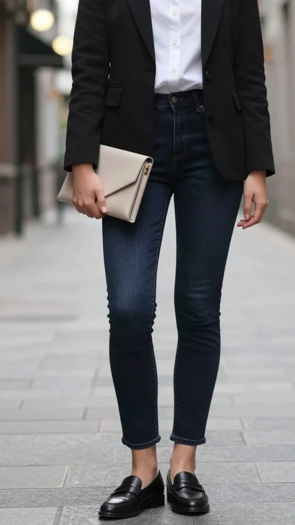 Woman wearing dark jeans with a blazer and loafers in rain